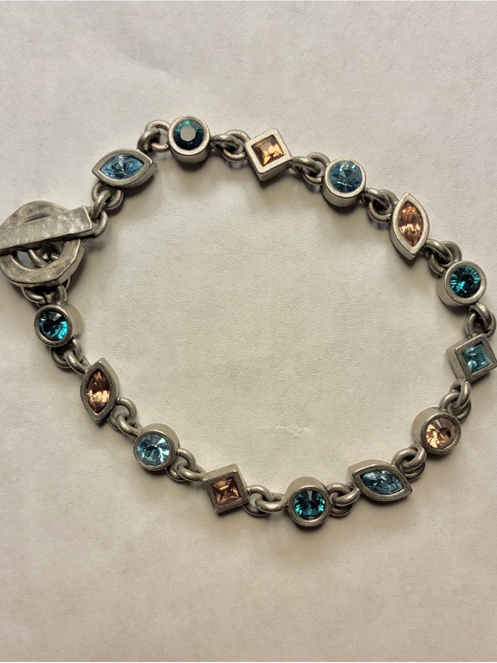 Signed M4M Vintage Silver & Rhinestone Toggle Bracelet - Aqua Teal Amber Gem 7"